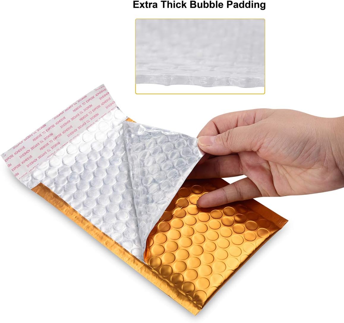 Small Size Metallic Matte Gold Bubble Mailers Mailing Padded Envelopes- Self-Seal Closure Bubble Shipping Bag 4x8 Inch- Pack of 25