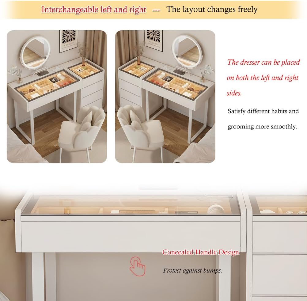 Glass Top Vanity Dressing Table, Desk with Mirror and Drawers Wood, Makeup Table Chair Modern for Bedroom As A, White