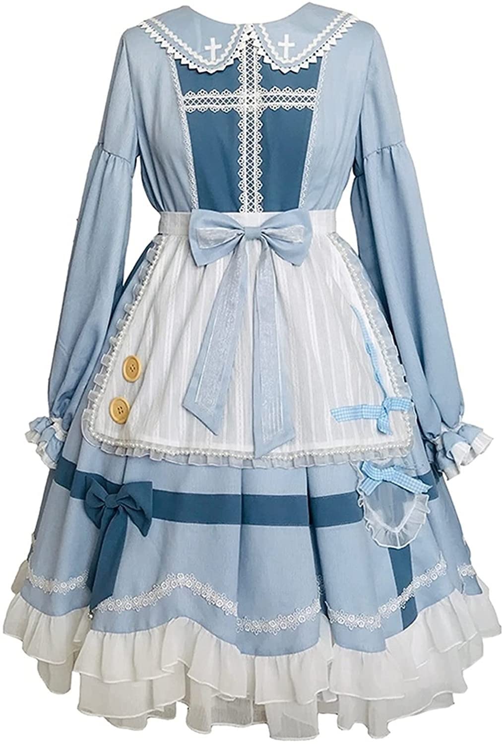 Robe Lolita Douce Vintage Bleue à Col Claudine et Nœud Kawaii