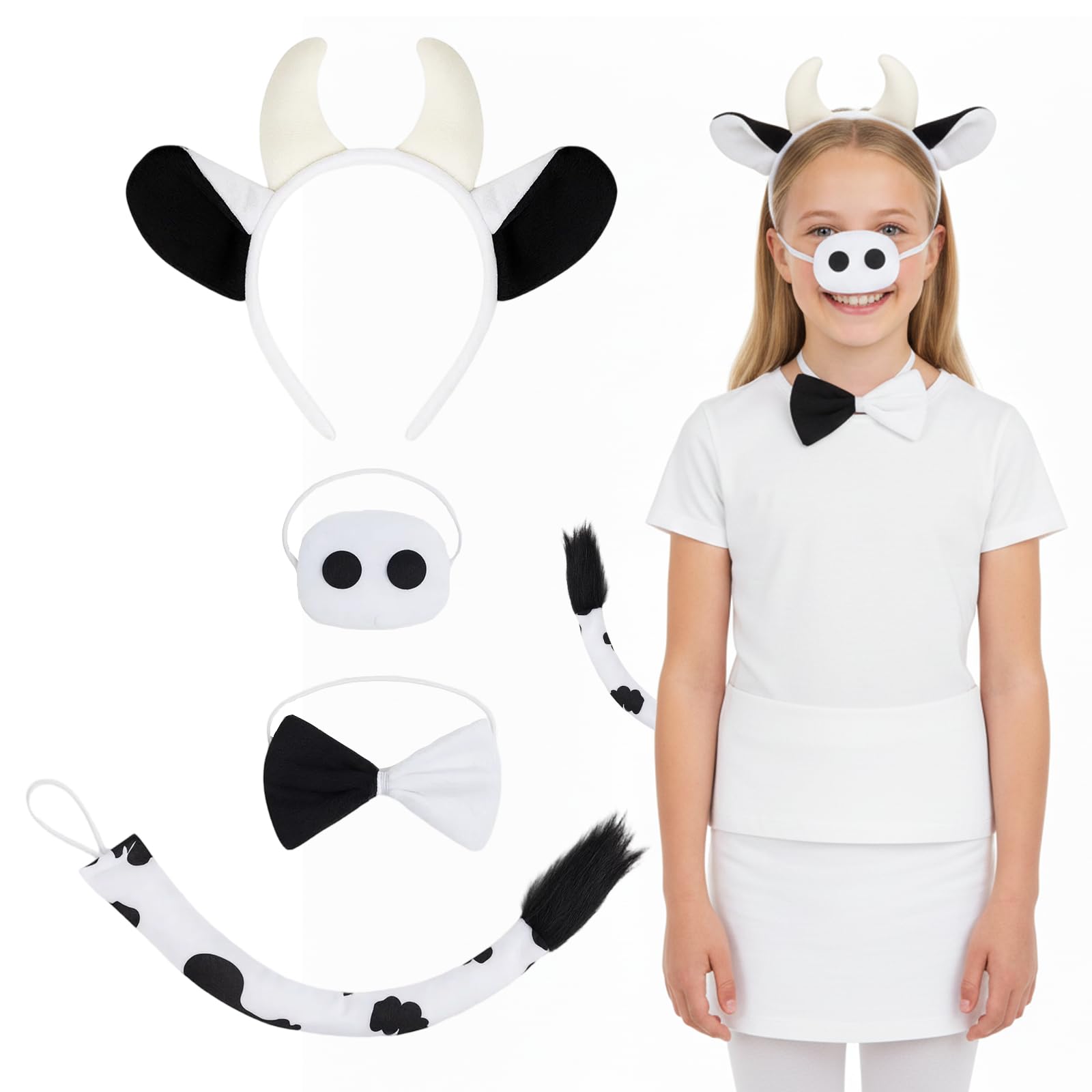 JORcadis 4 Pcs Cow Costume with Headband, Nose, Bow Tie, and Tail