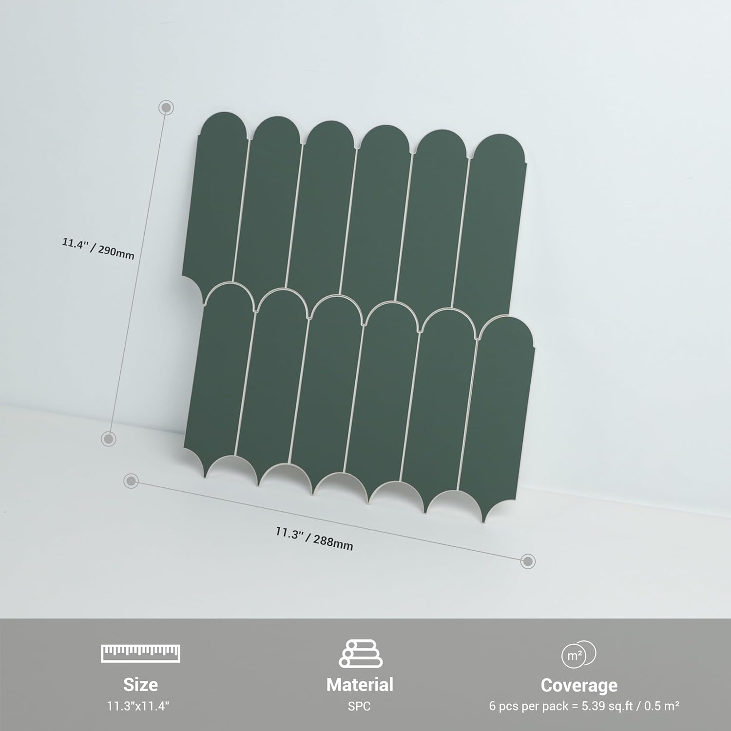 Olive Green Peel and Stick Backsplash, 6-Sheet Rigid Feather Wall Tiles with Matte Finish, Ceramic Look Self-Adhesive Tiles for Kitchen (11.3"x11.4", 5.39 sq.ft)