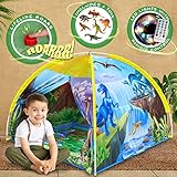 W&O Tienda de Campaña Dinosaurio con Botón de Rugido, Dinosaurios de Juguete y Luces LED – Casita Infantil de Tela – Cabañas para Niños de Interior y Exterior – Tienda de Campaña Infantil