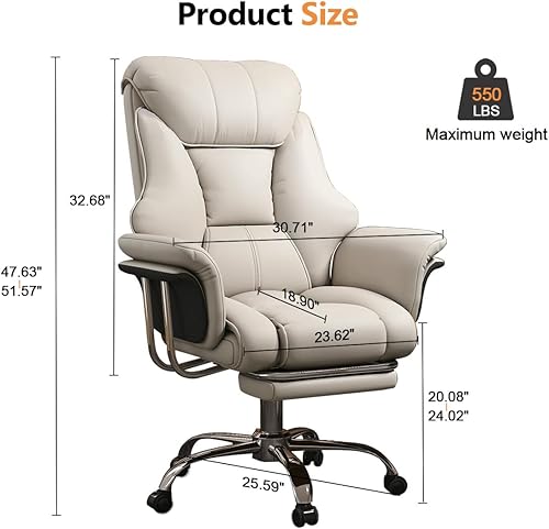 Miniatura 2 de Silla de oficina grande y alta, asiento ancho, silla de escritorio ejecutiva ergonómica de cuero con reposapiernas, resistente 550 libras, altura