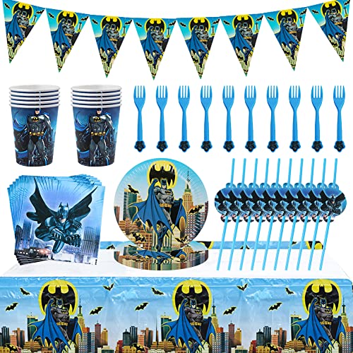 Hilloly Vaisselle de The Batman 71PCS Kit de Vaisselle de Fête d'anniversaire Fournitures de Fête de Batman, pour 10 Personnes, Serviettes, Tasses, pour Fête d'anniversaire Cover