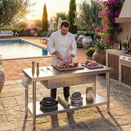 Image of DWVO 60x24in Stainless Steel Table with 2 Drawers | NSF Metal Prep Worktable for Kitchen Restaurant Hotel Garage Warehouse Home Commercial