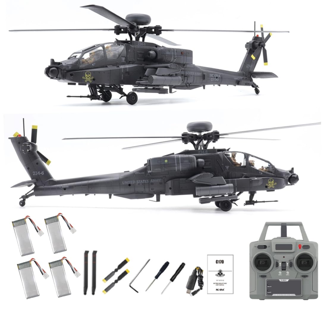 NULA RC-ERA C170 AH-64D RC Hubschrauber 1:48 Flybarless Militärflugzeug, 2,4G 6CH Mit Optical Flow Positionierung, Höhenhaltung Brushless Motor,Inverted Flight-Dunkelgrau/4 Akkus