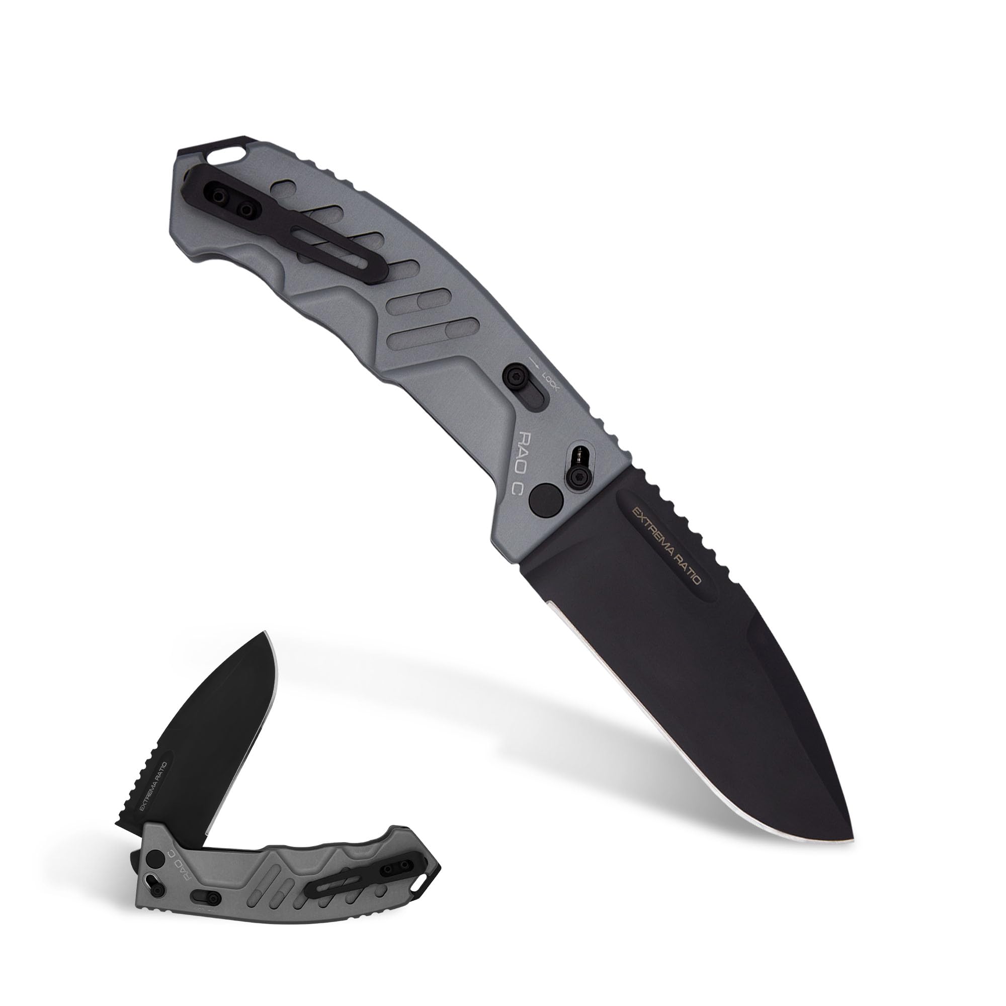 RAO C (Grey) Folding Knife, Bohler N690 steel blade 6.3 mm thick, hardened to 58 HRC, stone washed finish, aluminum handle, made in Italy