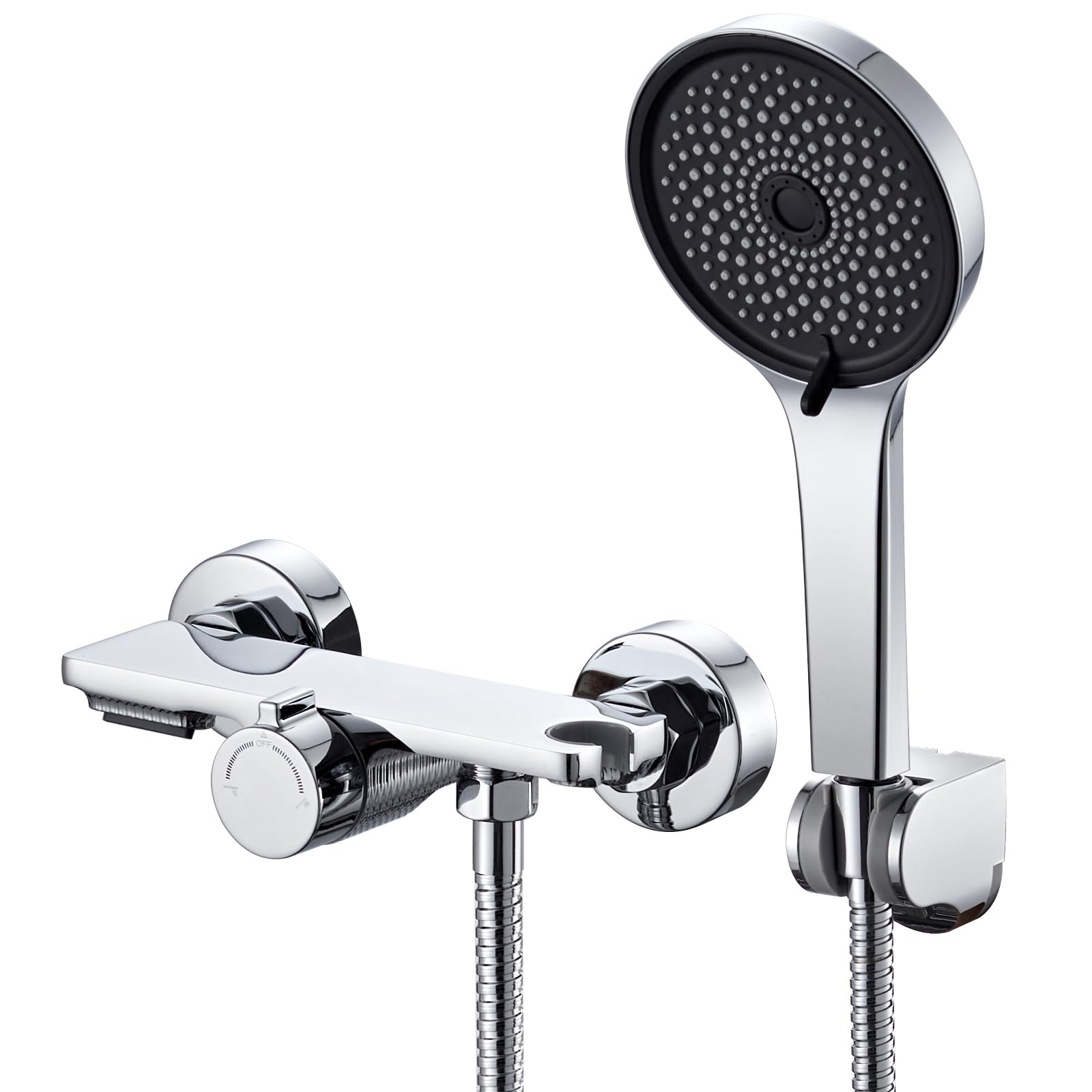 Auralum Mitigeur de Douche et Bain en Laiton Chrome - Robinet avec Bec Cascade Orientable, Douchette 5 Jets, Flexible Inox 1.5m et Tablette de Rangement Intégrée, Système de Douche de Rénovation