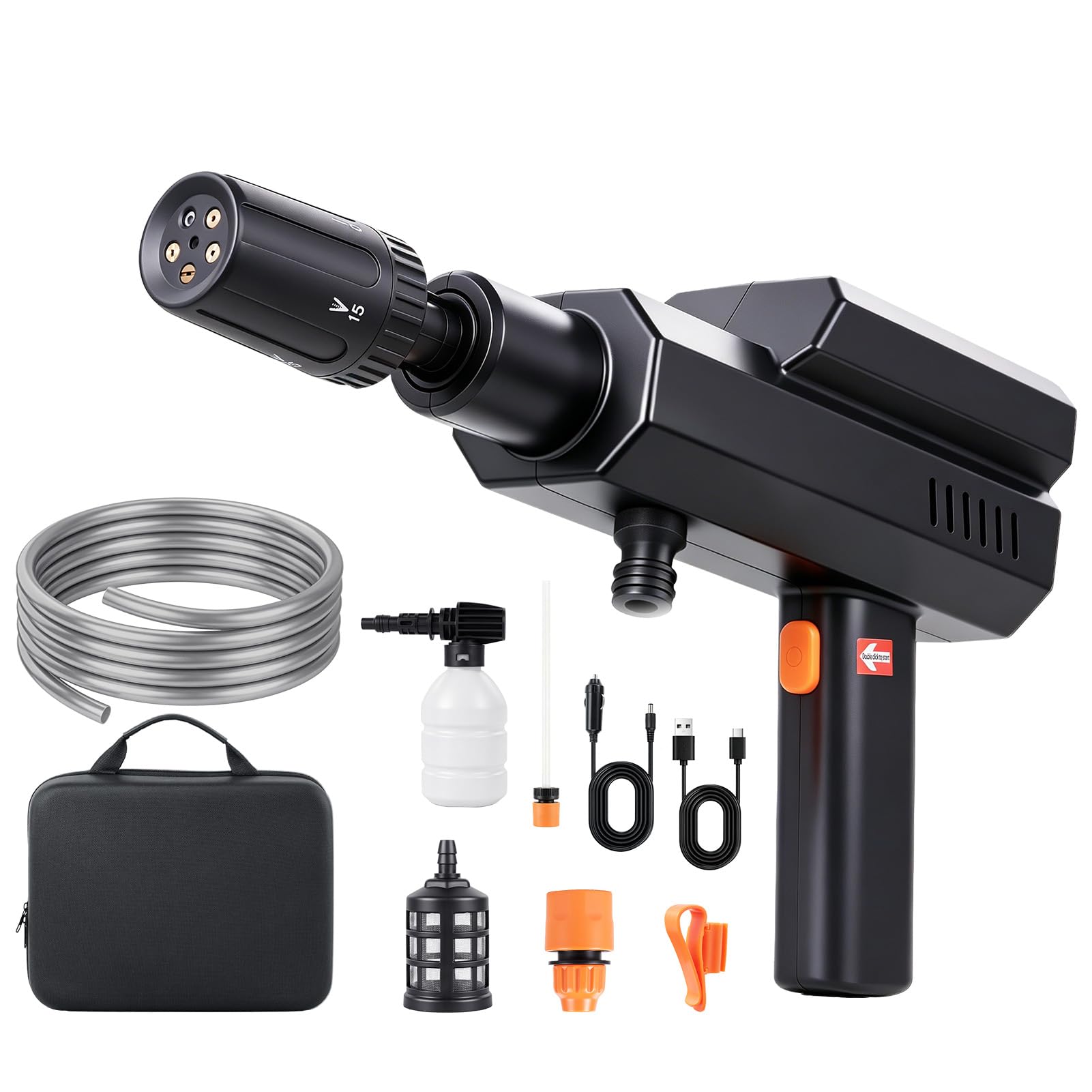 Portable Jet Washer Cordless, 5-in-1 Adjustable Spray Nozzle Power Washer Gun – 60 Bar (870 PSI), 3×4000mAh Rechargeable Battery, 16.5 ft Hose – for Cars, Driveways, Patios, Gardens & Watering