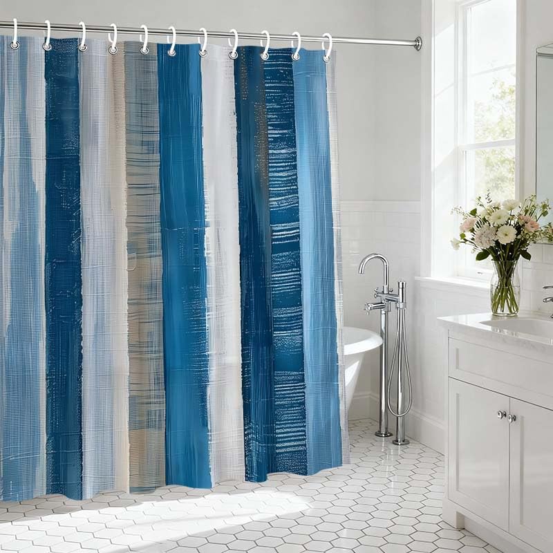 Rideau de douche moderne rayures bleues blanches grand format lavable machine