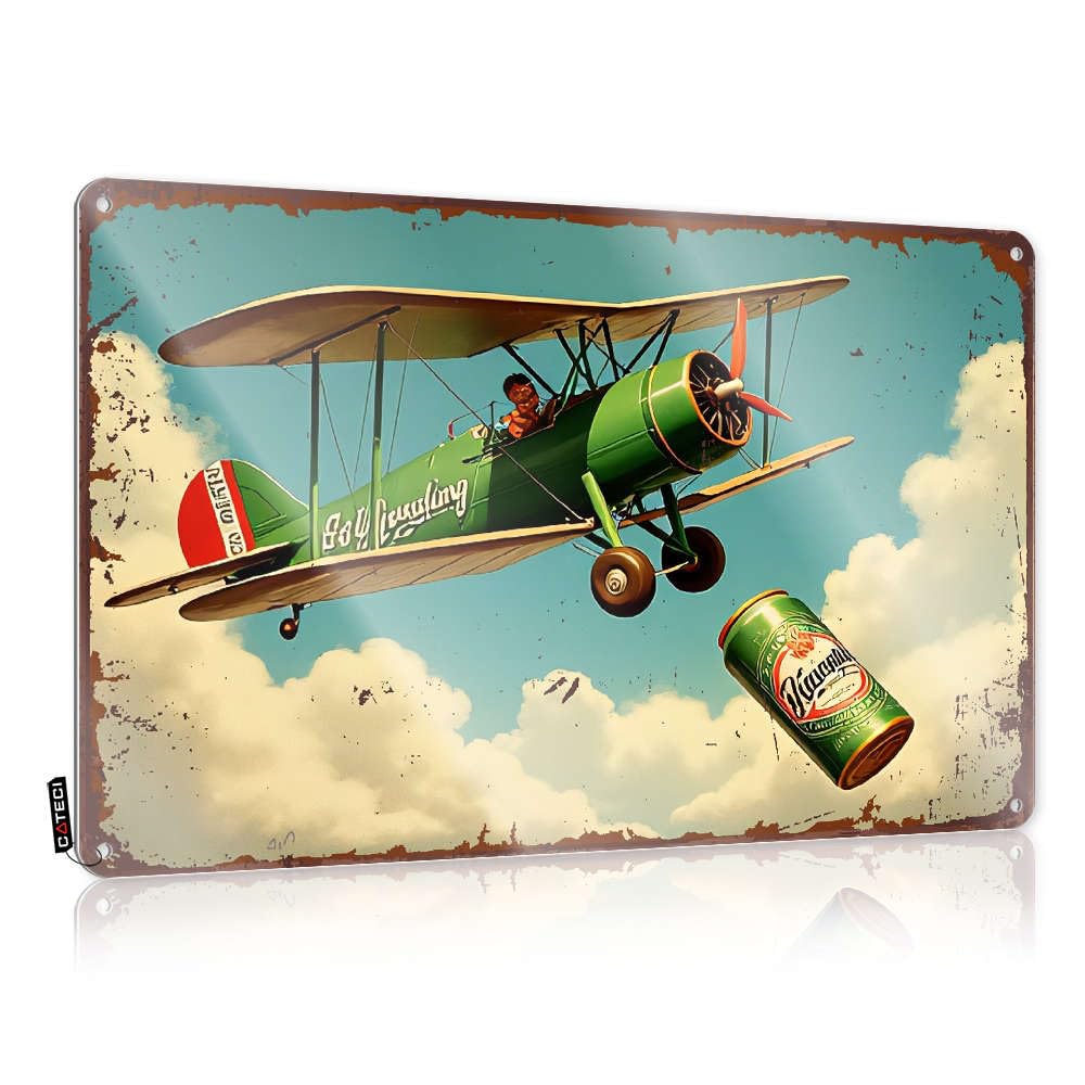 IBWNBBUSN Funny House Signs Vintage Airplane Drops A Beer Can. Tin Sign Metal Sign Decor Vintage Cave Door Sign(20X30CM)