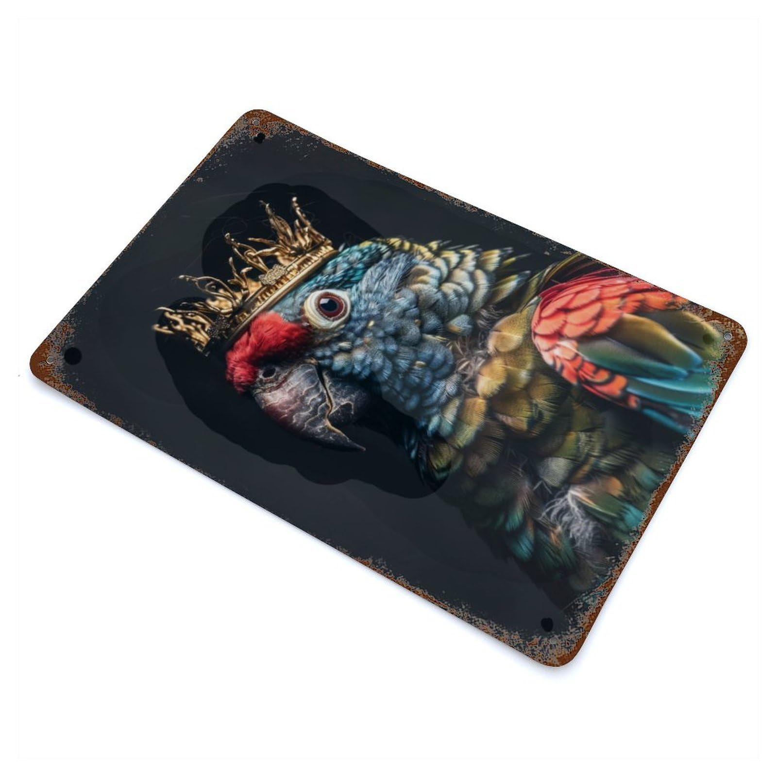 Rust Effect Parrot Little King Rusty Metal Tin Sign 11.8"x7.9", Farmhouse Wall Decor for Shed, Workshop And Garage Wall Decor