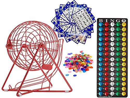 MR CHIPS 11 Inch Tall Professional Bingo Set with Steel Bingo Cage, Everlasting 7/8â€ Bingo Balls, 18 Bingo Cards and 300 Bingo Chips - Lucky Red