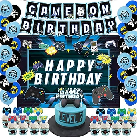 Video Game Birthday Decoration, Game Themed Paty Supplies Includes Happy Birthday Banner,Hanging Decoration, Cake Toppers, 24 pcs Latex Balloons, Backdrop Party Supplies Game On For Boys Cover