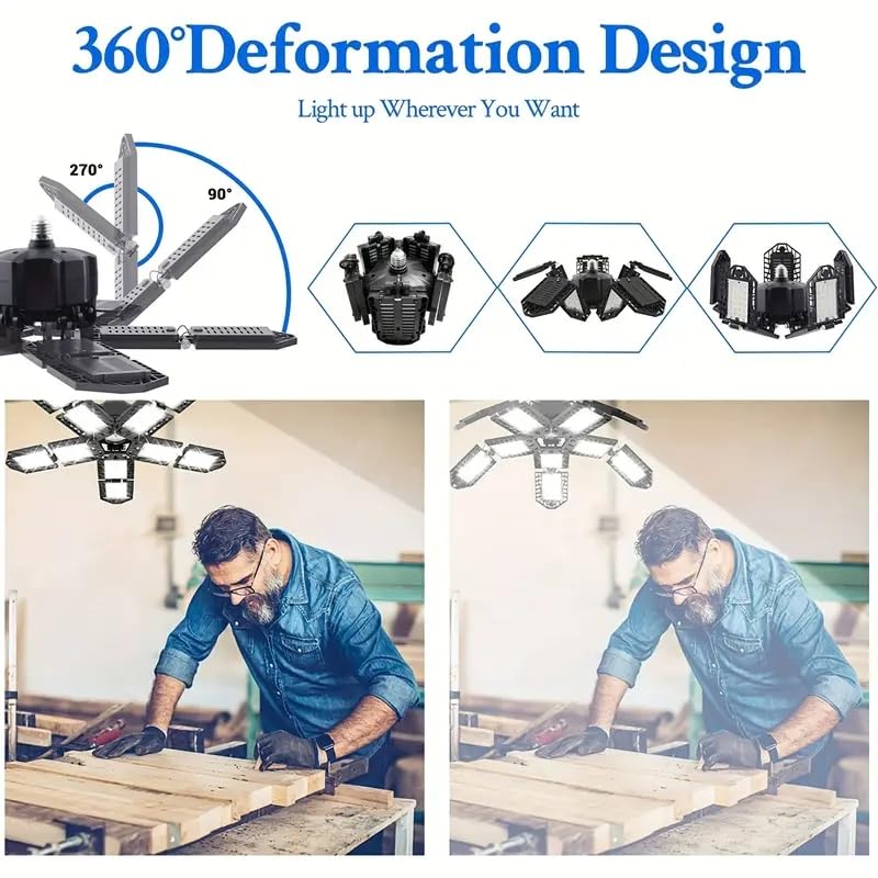 Image of 2 Packs LED Garage Light, Super Bright Screw in E26 /E27 Ceiling Shop Work Lamp, 260W 26000 Lumen Deformable Basement Bulb Fixture with 10+1 Adjustable Panels, Lighting for Workshop, Attic