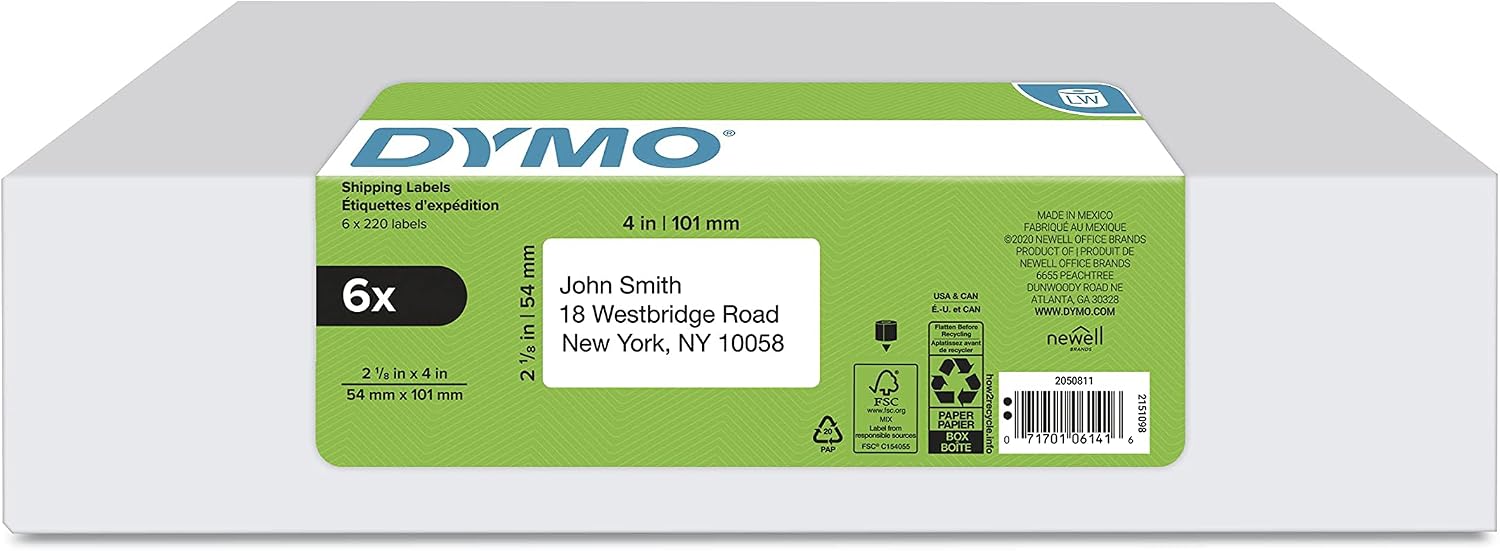 DYMO Authentic LW Standard Shipping Labels for LabelWriter Label Printers, White, 2-1/8" x 4", 6 Rolls of 220 (1320 Total)