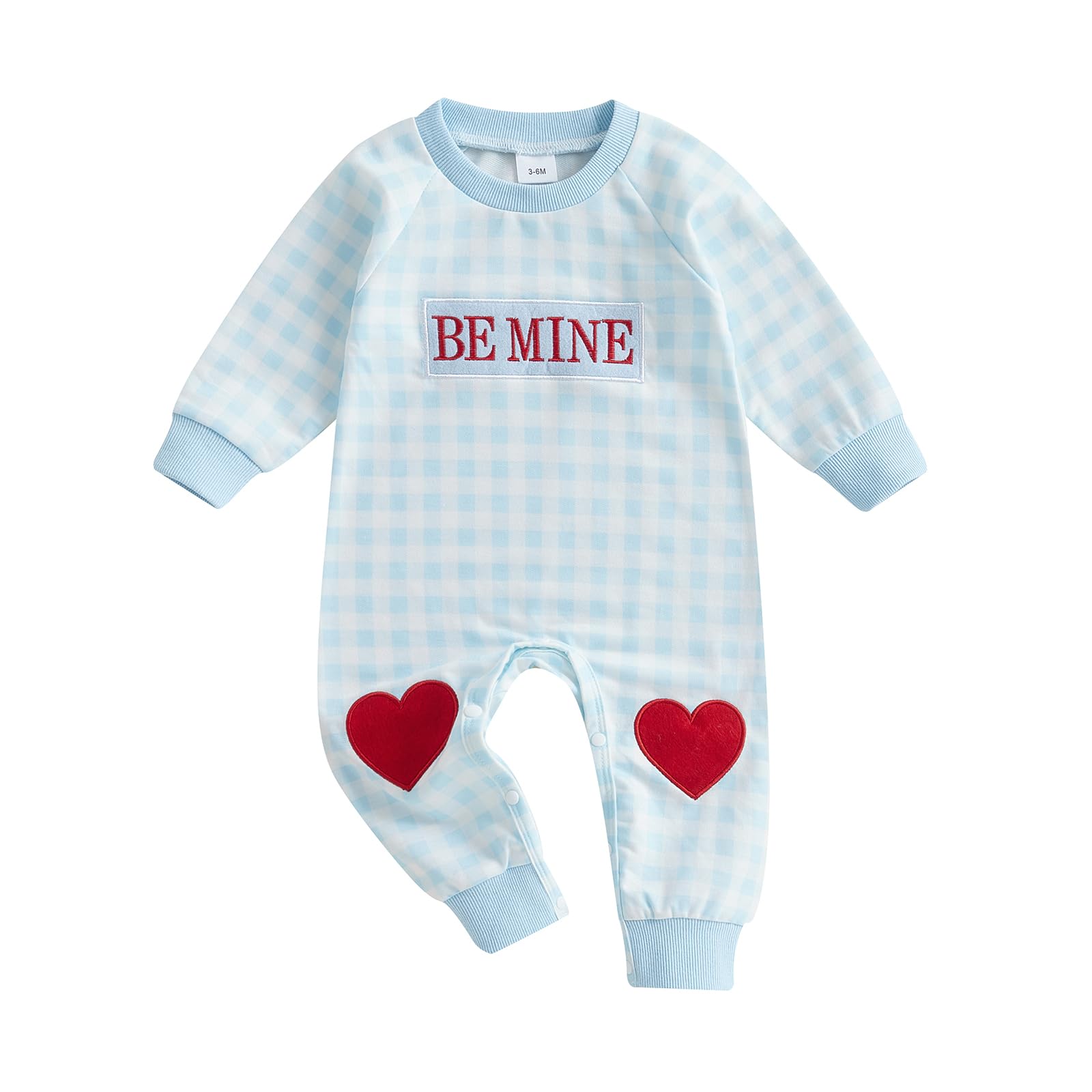 MOLZULAMS Valentines Baby Girl Boy Outfit Be Mine Embroidery Romper Palid Love Heart Jumpsuit Sweet Cute Fall Clothes (Blue, 6-12 Months)