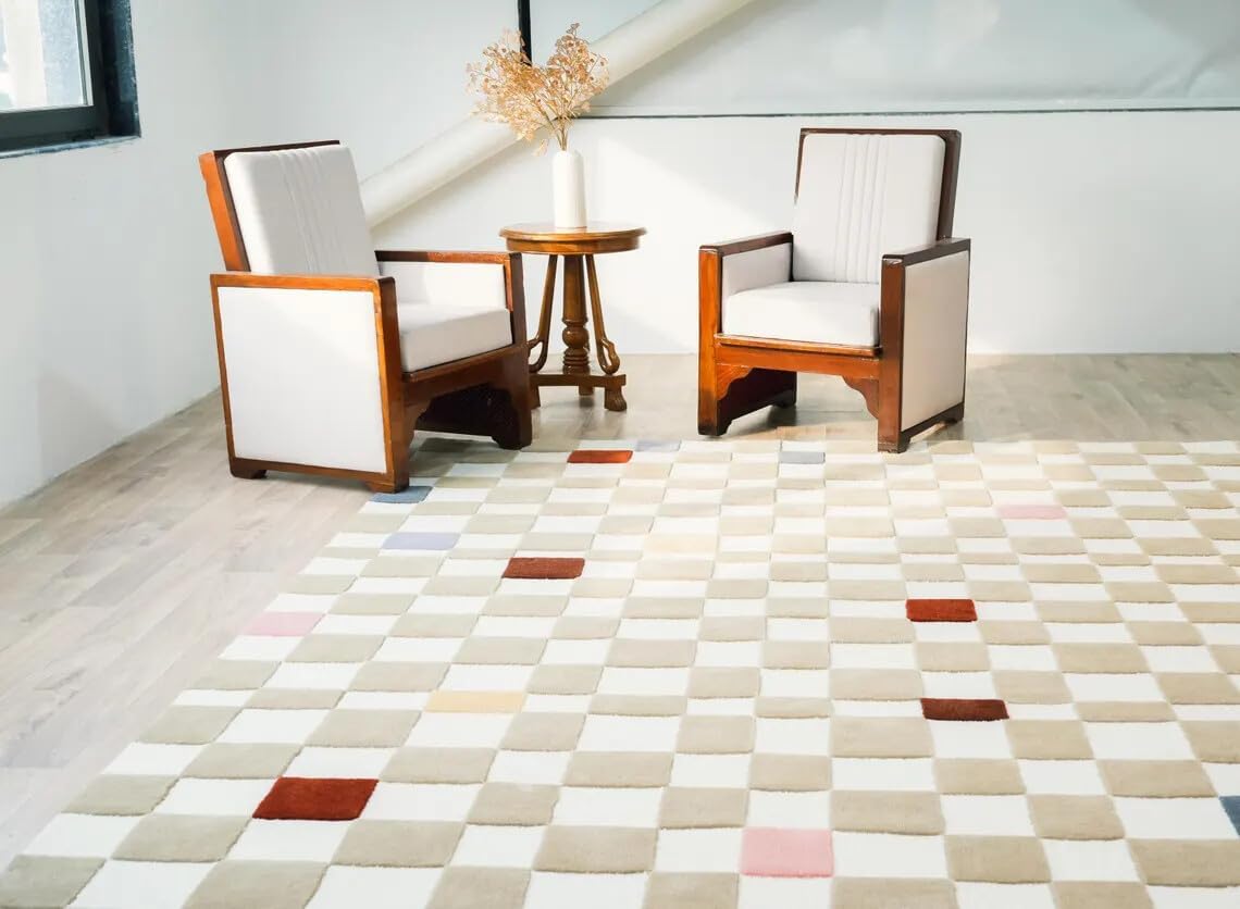 Hand Tufted Beige Checkerboard Wool Area Rug 5x8 Ft Modern Geometric Living Room Carpet 7.0x10.0 Multi