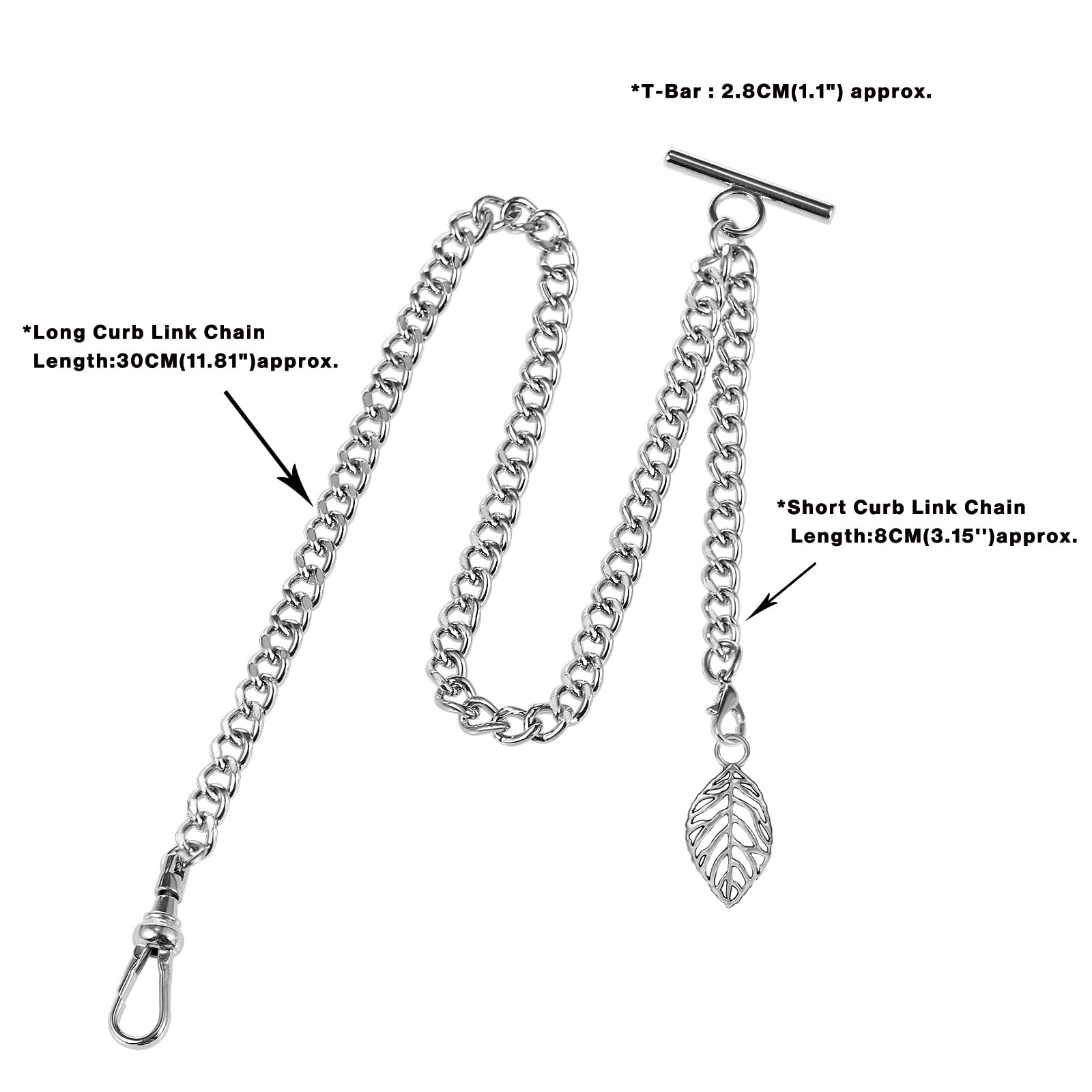 ZTA Albert Chaîne de montre de poche pour homme avec chaîne de gilet et fermoir pivotant avec pendentif en forme de feuille, Argent (Silver)