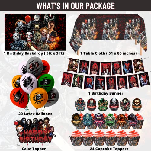 Nelton Party Supplies For Horror Movies Includes Cake Topper, 24 Cupcake Toppers, 20 Latex Balloons, Happy Birthday Backdrop, 1 Table Cloth , 1 Banner #TOP1