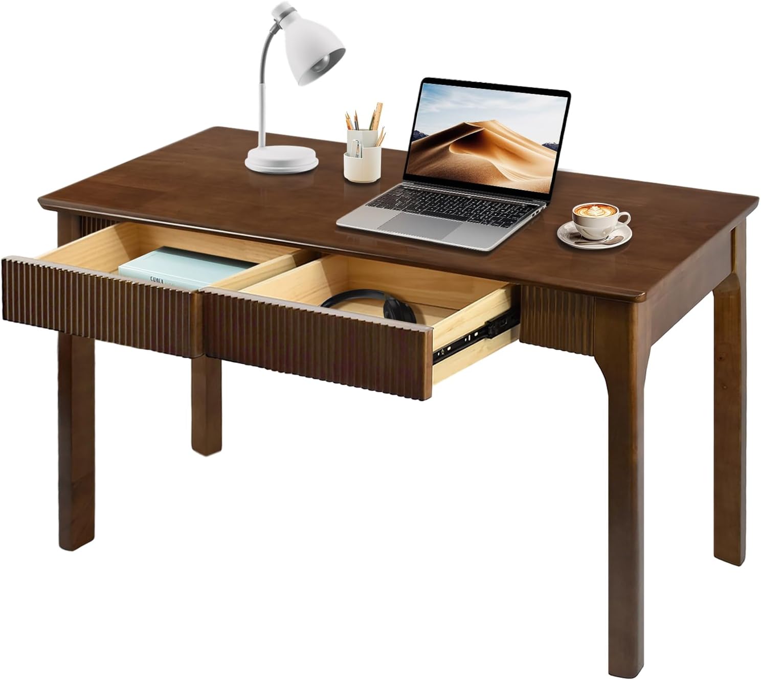 47.2'' Solid Wood Desk with 2 Drawers, Mid Century Modern Home Writing Office Wooden Desk ,Vintage Computer Table with Storage for Living Room, Bedroom, Fluted Design Brown (Walnut, 47.2 Inch) Walnut 47.2 Inch