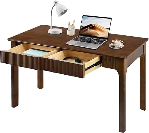 Miniatura 3 de Escritorio de madera maciza de 39.4 pulgadas con 2 cajones, moderno de mediados de siglo, escritorio pequeño de madera para oficina en casa, mesa de