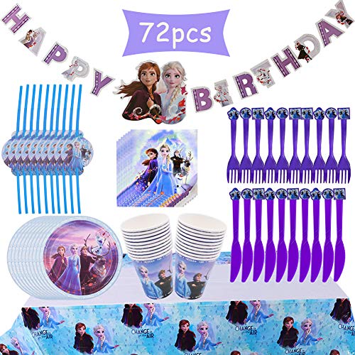Babioms 72Pcs Anniversaire Vaisselle Kit - Plate, Serviette en Papier, Couteau, Fourchette, Tasse, Nappe, Pailles, Tirez Le Drapeau, Fêtes à Thème Assiette de Diner - 10 Personnes Cover