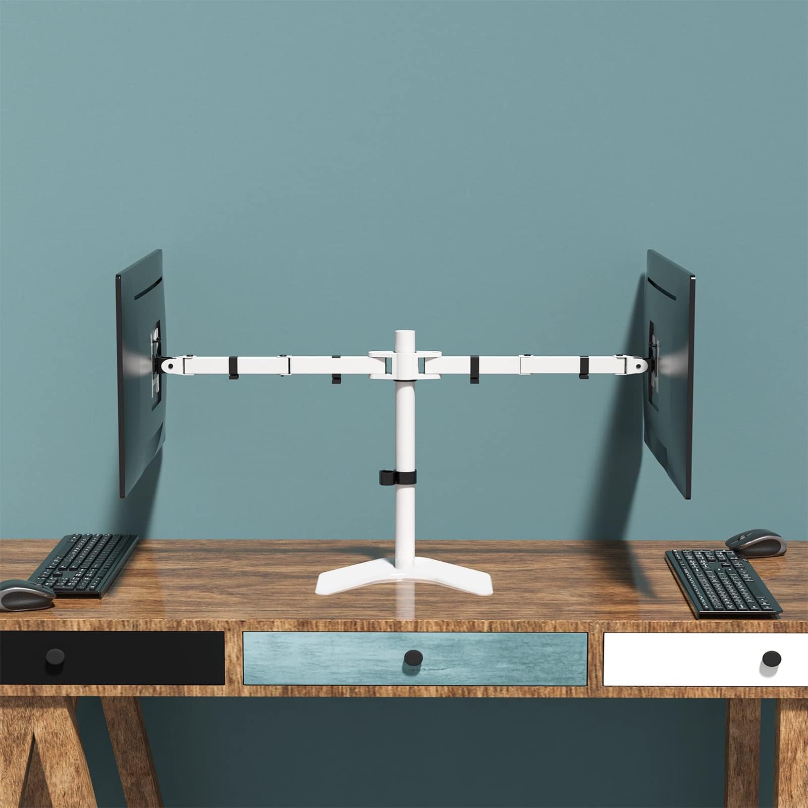 Supporto for Monitor A Doppio Schermo, Braccio Robotico Bianco, Base Mobile A Sbalzo for Computer Desktop 2 in 1, Nessuna Foratura Richiesta, Adatto for TV da 14-27 Pollici(White)