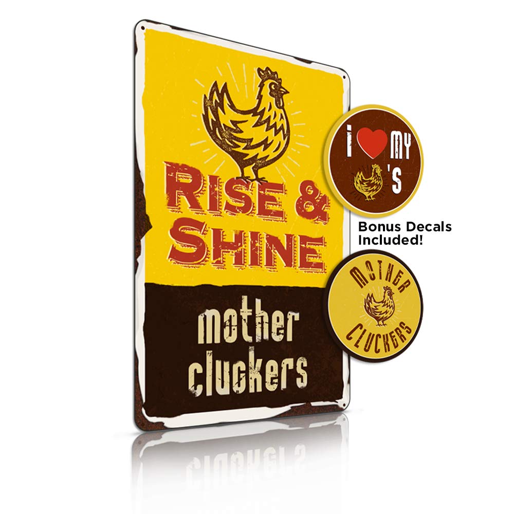 Chicken Décor Rise and Shine - Mother Cluckers Farm Décor Chicken Coop | Rooster Decorations for Kitchen Backyard Garage Man Cave She Shed Office Craft Room Living Room | Free Bonus Decals