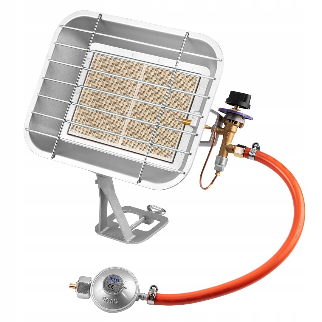 NEO TOOLS Stufa a gas, riscaldatore a gas, con regolatore di pressione, alimentato a gas propano, con tubo e regolatore - 34 x 13 x 40 cm - Potenza nominale - 4600 W