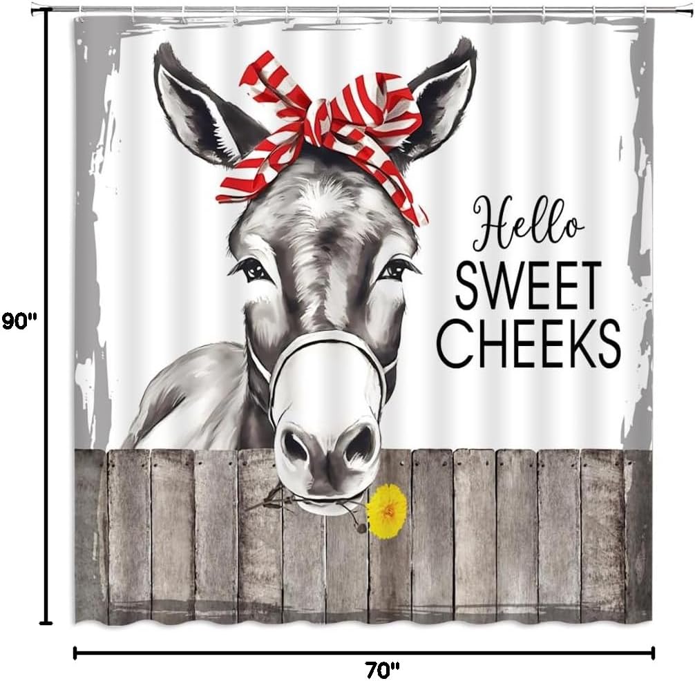 Funny Donkey Shower Curtain Watercolor Farmhouse Animal Wooden Fence Grey White Minimalist Bathroom Decor Curtains Set with Hooks, 70" x 90"