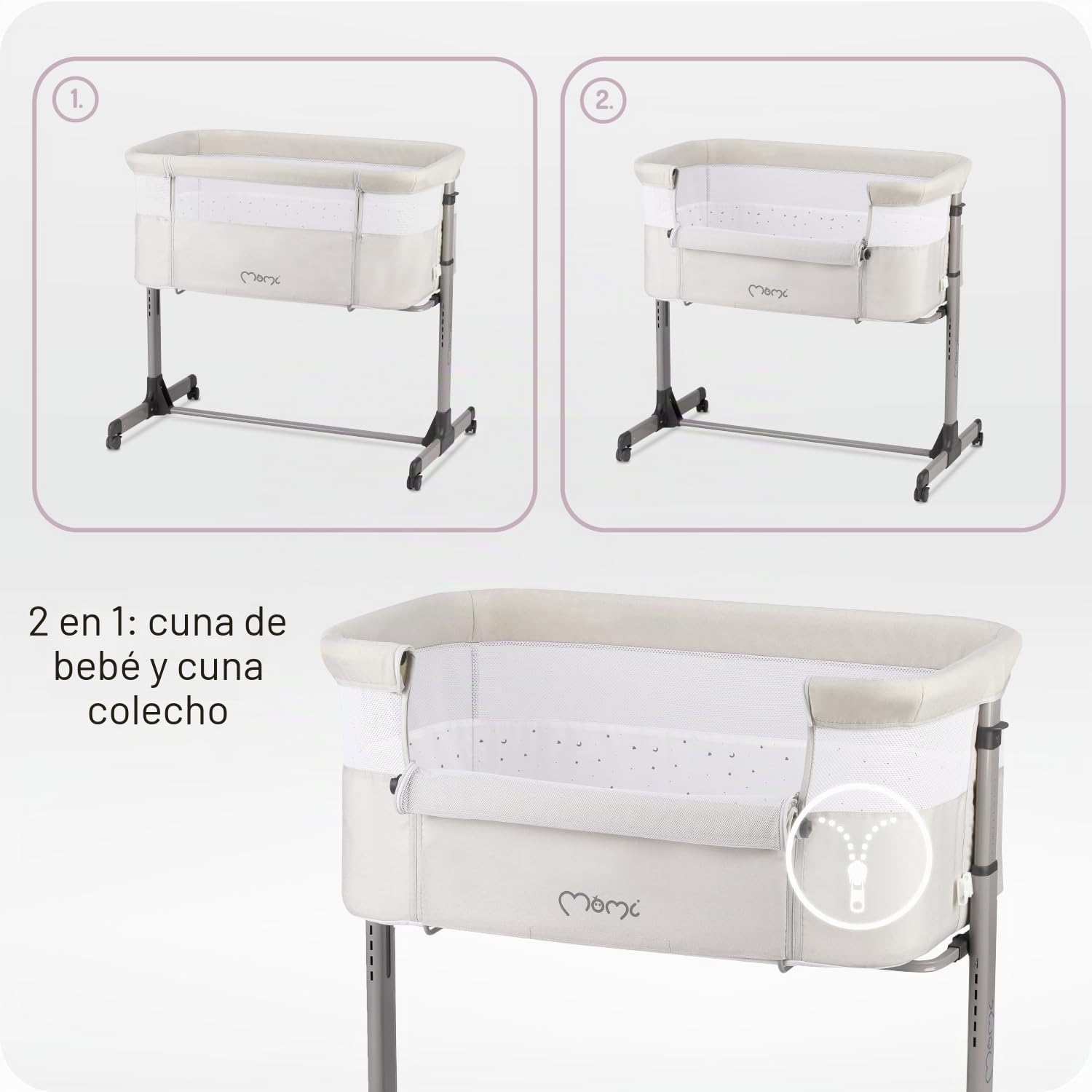 Momi REVO Cuna Multifuncional Ajustable en 6 Posiciones de Altura de 72 a 82 cm, con Ruedas, colchón Incluido, Correas de fijación, mosquitera y Barra de Juguetes