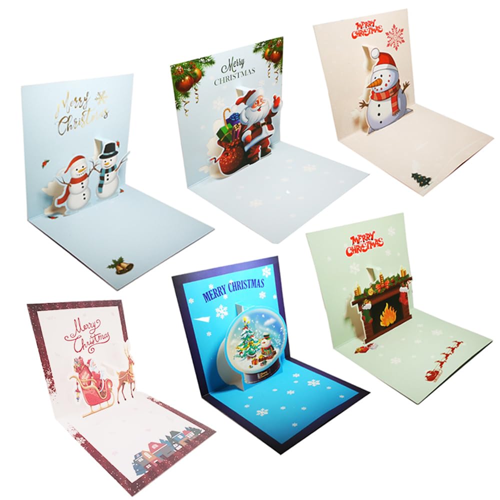 Juego de tarjetas de Navidad 3D desplegables, tarjetas y sobres hechos a mano, paquete de 8 incluye muñeco de nieve de Navidad, bola de cristal de Navidad, Papá Noel, armario, campana, regalos de