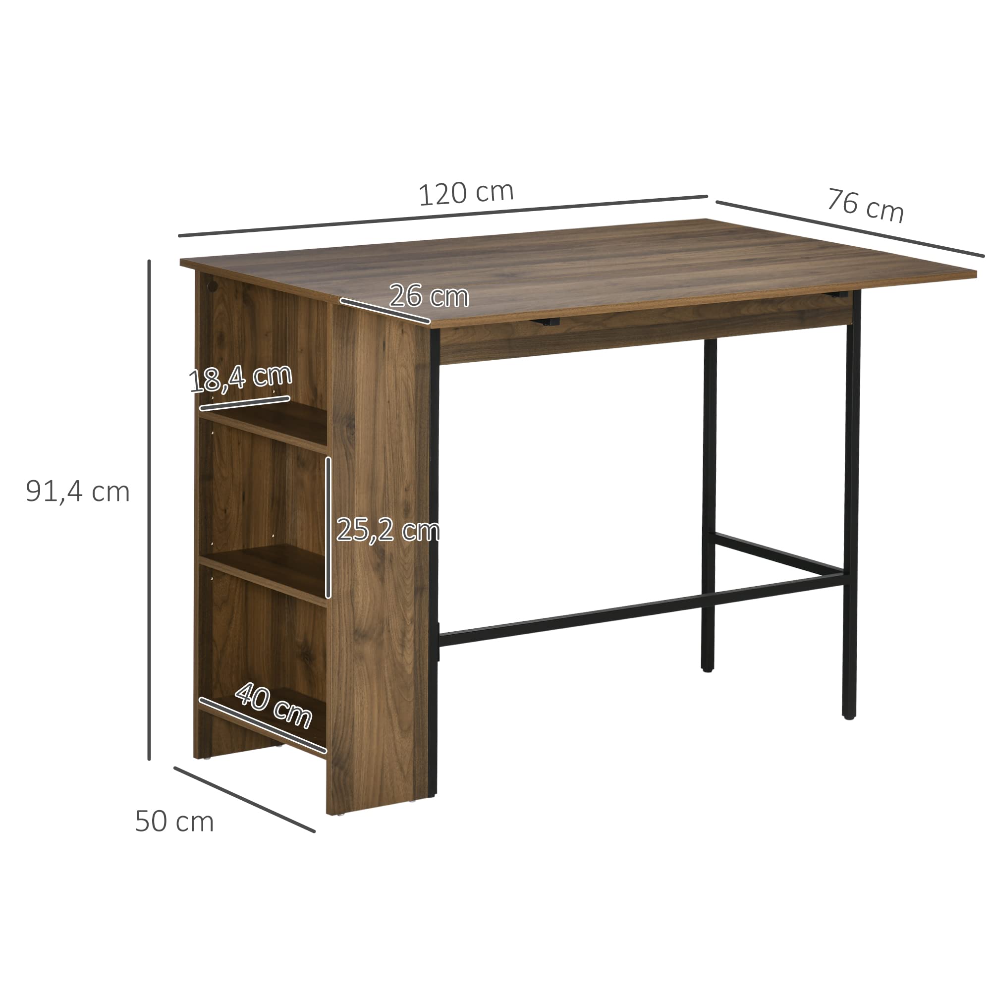 HOMCOM Tavolo da bar con contenitore Tavolo da bistrot Isola centrale con piano laterale pieghevole e 3 ripiani - 120 x 76 x 91,4 cm marrone