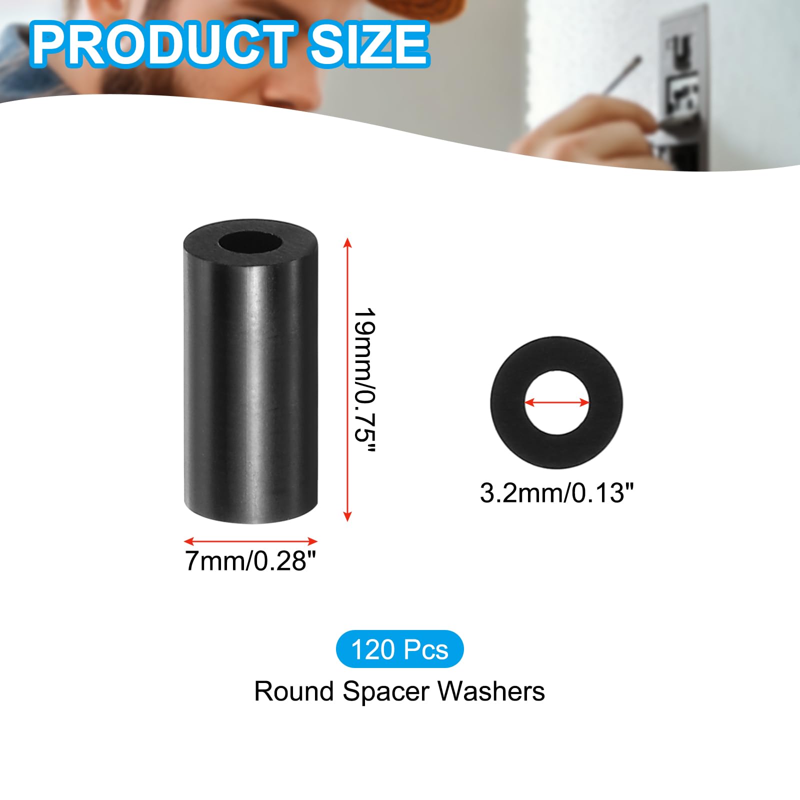 PATIKIL M3 Black ABS ID 3.2mm,OD 7mm,Length 19mm, Nylon Round Spacer Washers - Image 2