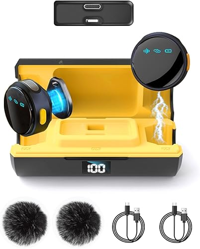 Paquete de 2 micrófonos inalámbricos Lavalier para iPhone iPad Android con funda de carga, mini clip/micrófonos magnéticos para grabación de video