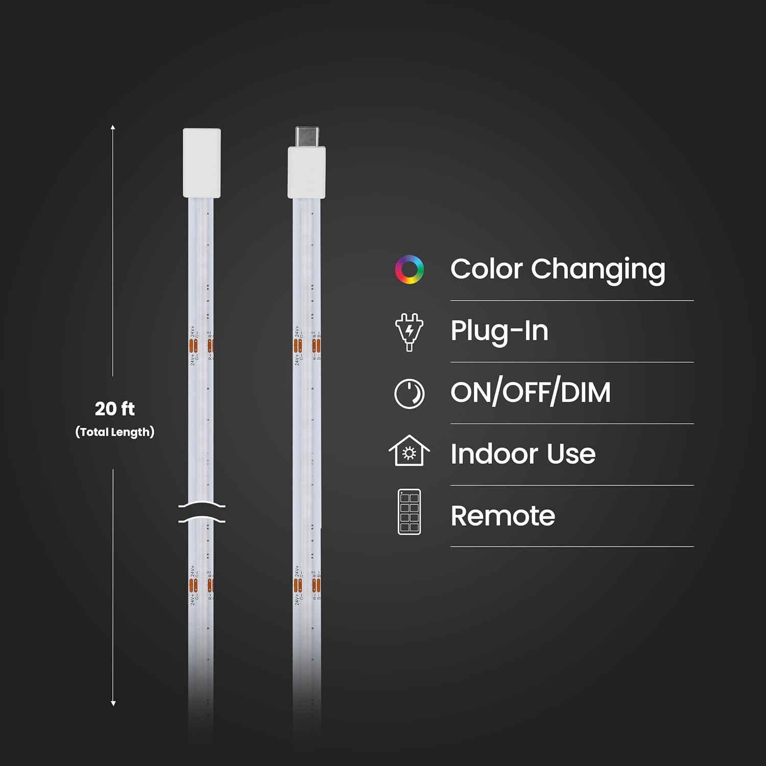 Feit Electric 20ft Color LED Tape Light, COB Technology, Customizable Length, Remote Control, Ultra-Thin 10mm Design, Perfect for Indoor Lighting, Shelves, Cabinets & Staircases, TAPE240/COB/RGB