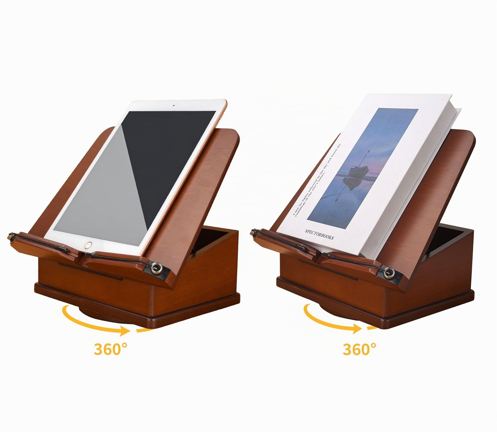 Großer Buchständer aus Holz mit Karussellsockel – verstellbarer Buchhalter mit Aufbewahrungsbox und magnetischem Ständer – 360° drehbarer Buch-Organizer aus Holz für Kochbuch (Dark Cherry)