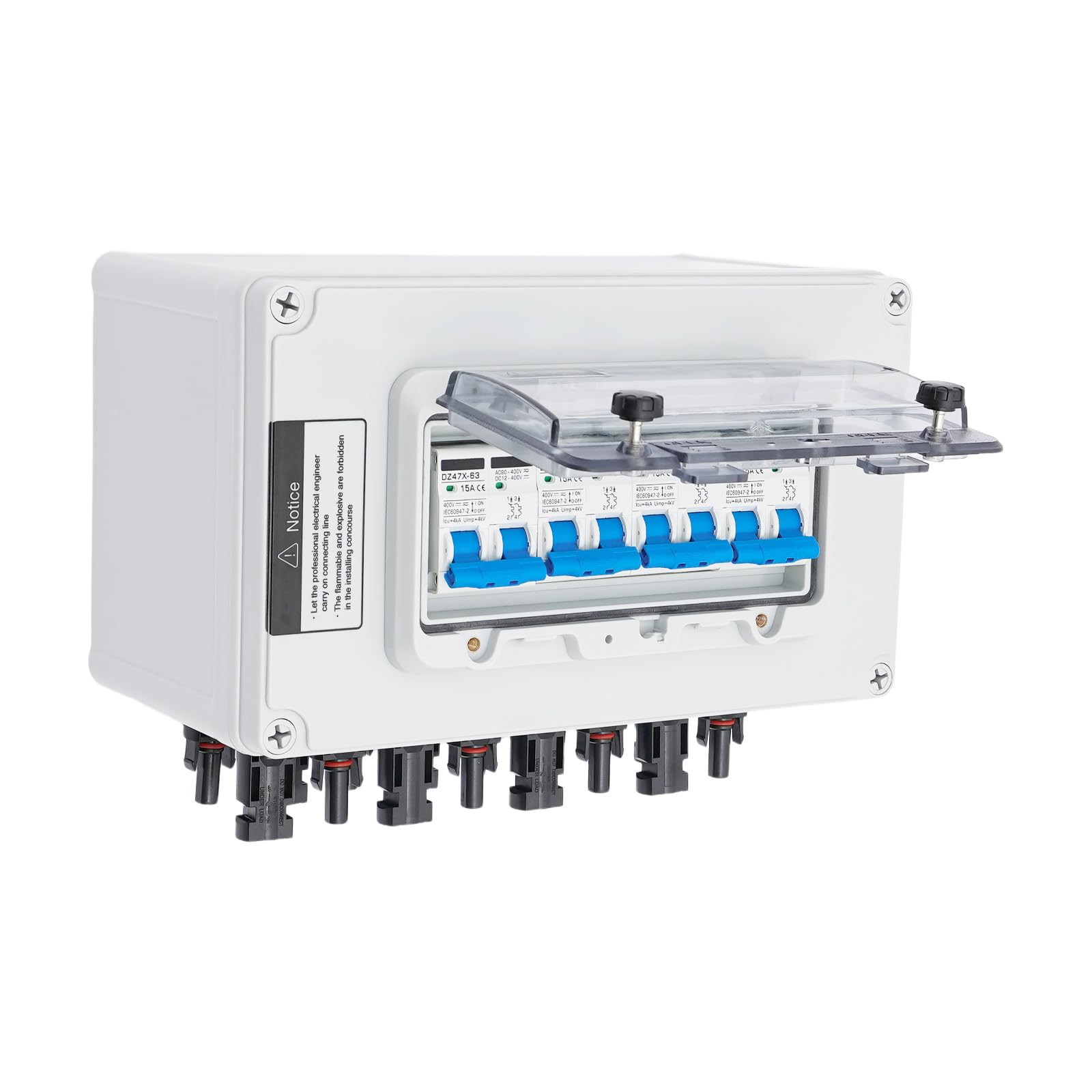 Solarna skrzynka przyłączeniowa DC 12-400 V, ochrona przed przepięciem, PV, montaż ścienny, 15 A, wyłącznik automatyczny, skrzynka kombi PV, 4 w 4, IP67, z okienkiem do solarnych kamperów
