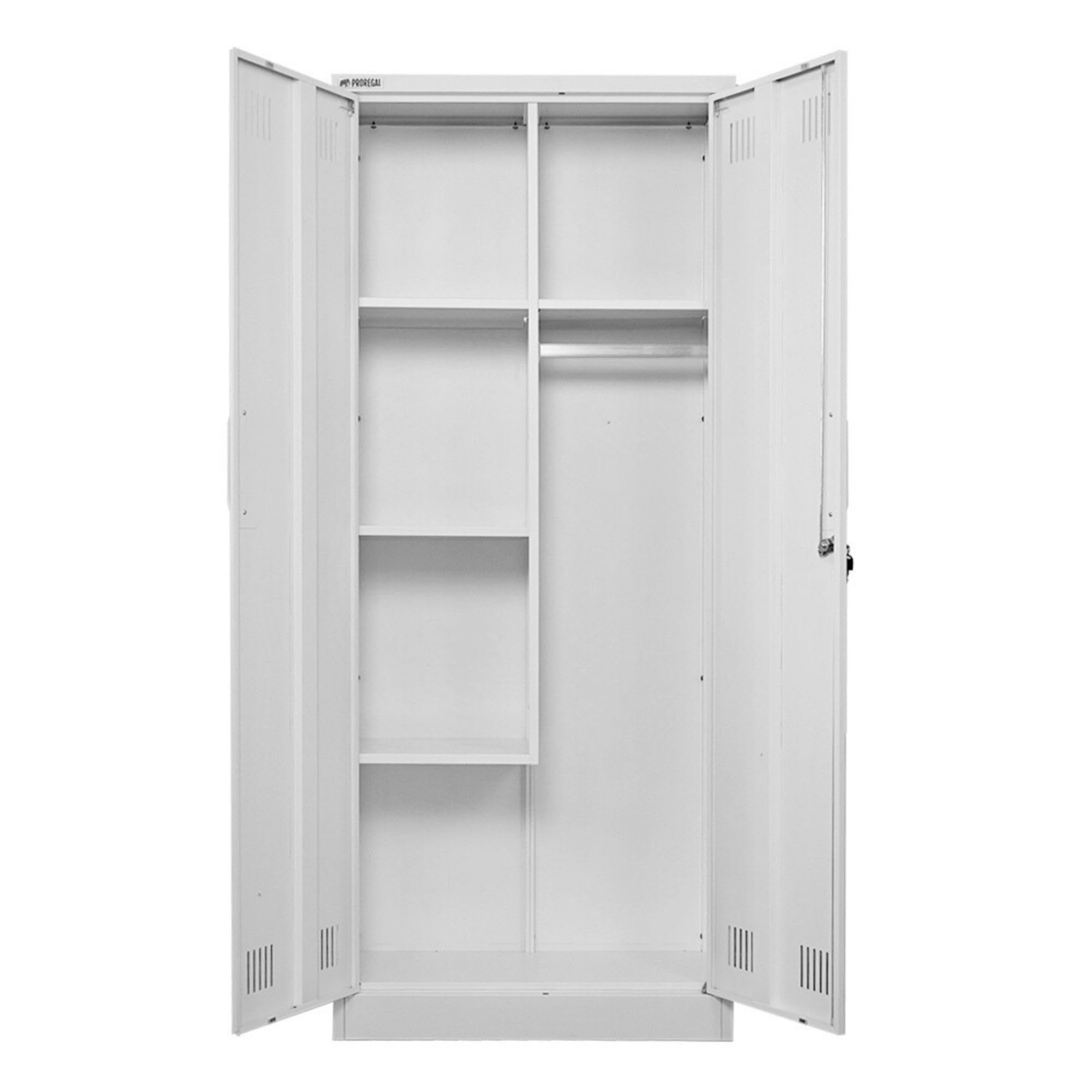PROREGAL Putzmittelschrank Rhino Metall 2 Türen abschließbar Besenschrank schmal 170x70x30cm 5 Fächern & Kleiderstange Stahl Weiß Putzschrank Mehrzweckschrank Haushaltsschrank Flügeltürenschrank
