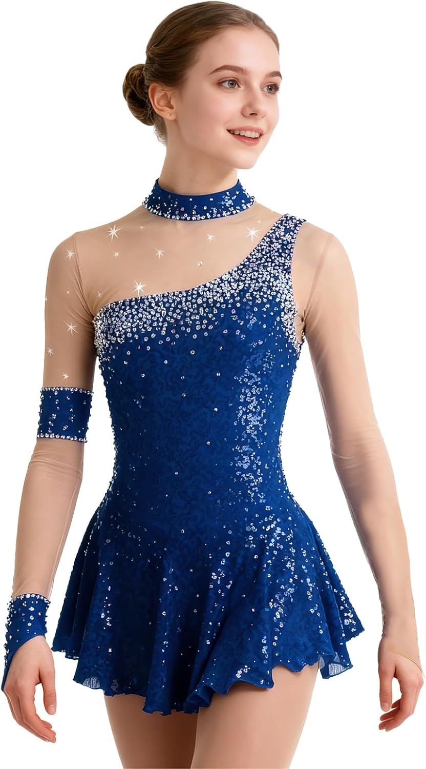 Girls Figure Skating Dress for Competition Performance, Women's Long Sleeve Ice Skating Dress with Shiny Rhinestone