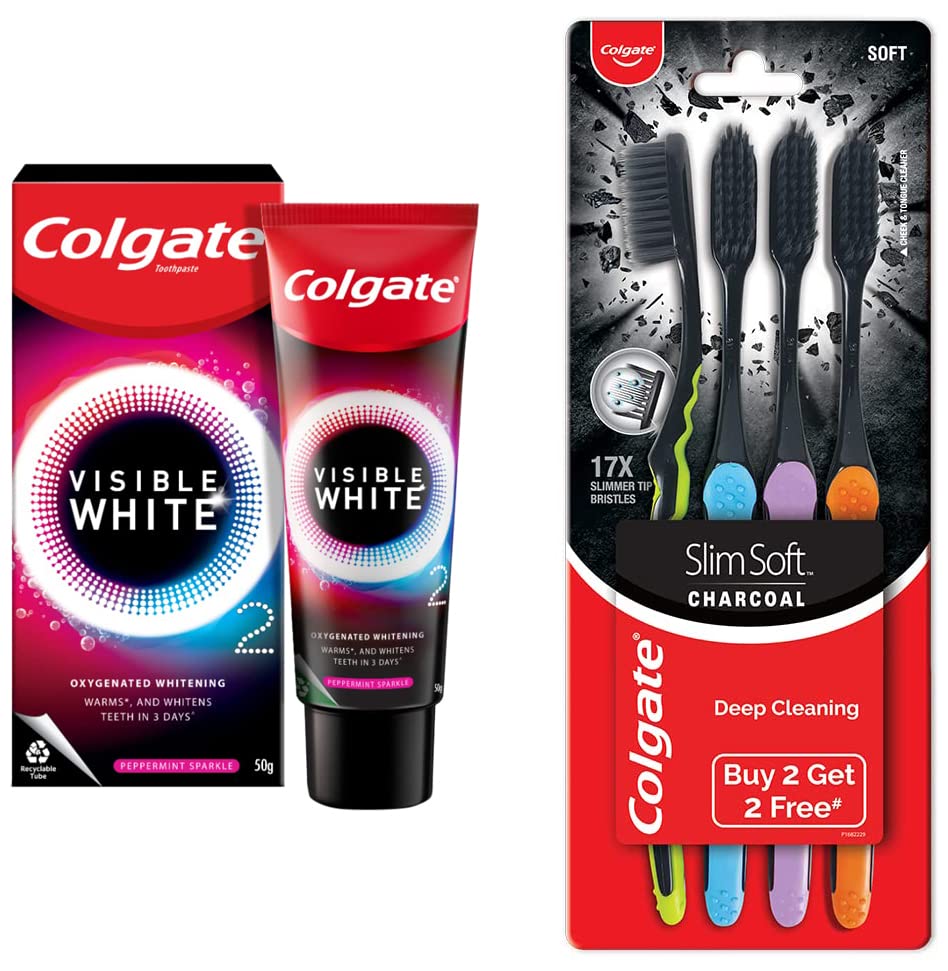 Visible White O2, Teeth Whitening Toothpaste, Peppermint Sparkle, 50g & Colgate Slim Soft Charcoal Toothbrush (Buy 2 Get 2 Free) - 4 Pcs