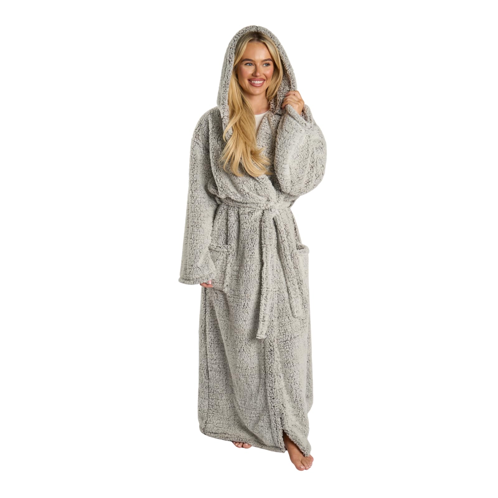 Ohs Unisex Charcoal Grey Dressing Gown Teddy Marl, Super Soft Warm Hooded Full Length Ladies Dressing Gowns With Pockets Oversized Bathrobe Women Adult Loungewear & Sleepwear, - One Size
