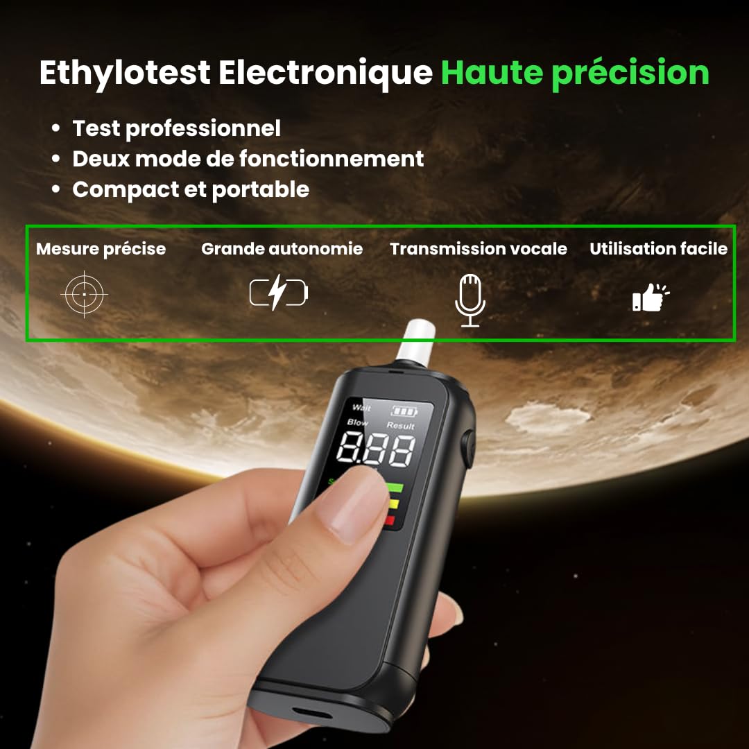 SmartOBD Alcootest Ethylotest Électronique Rechargeable USB-C | Testeur alcoolémie Écran LCD Alerte Vocale LED 3 Couleurs | 5 Embouts Réutilisables | Marque Française - 2