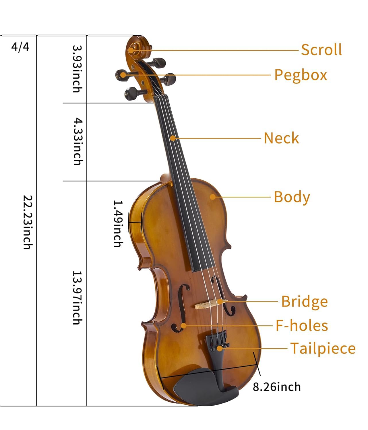 Violín 4/4 Completo Para Principiantes - Set Con Estuche, Arco, Colofonia, Afinadores Y Soporte Para Hombro, Color Negro