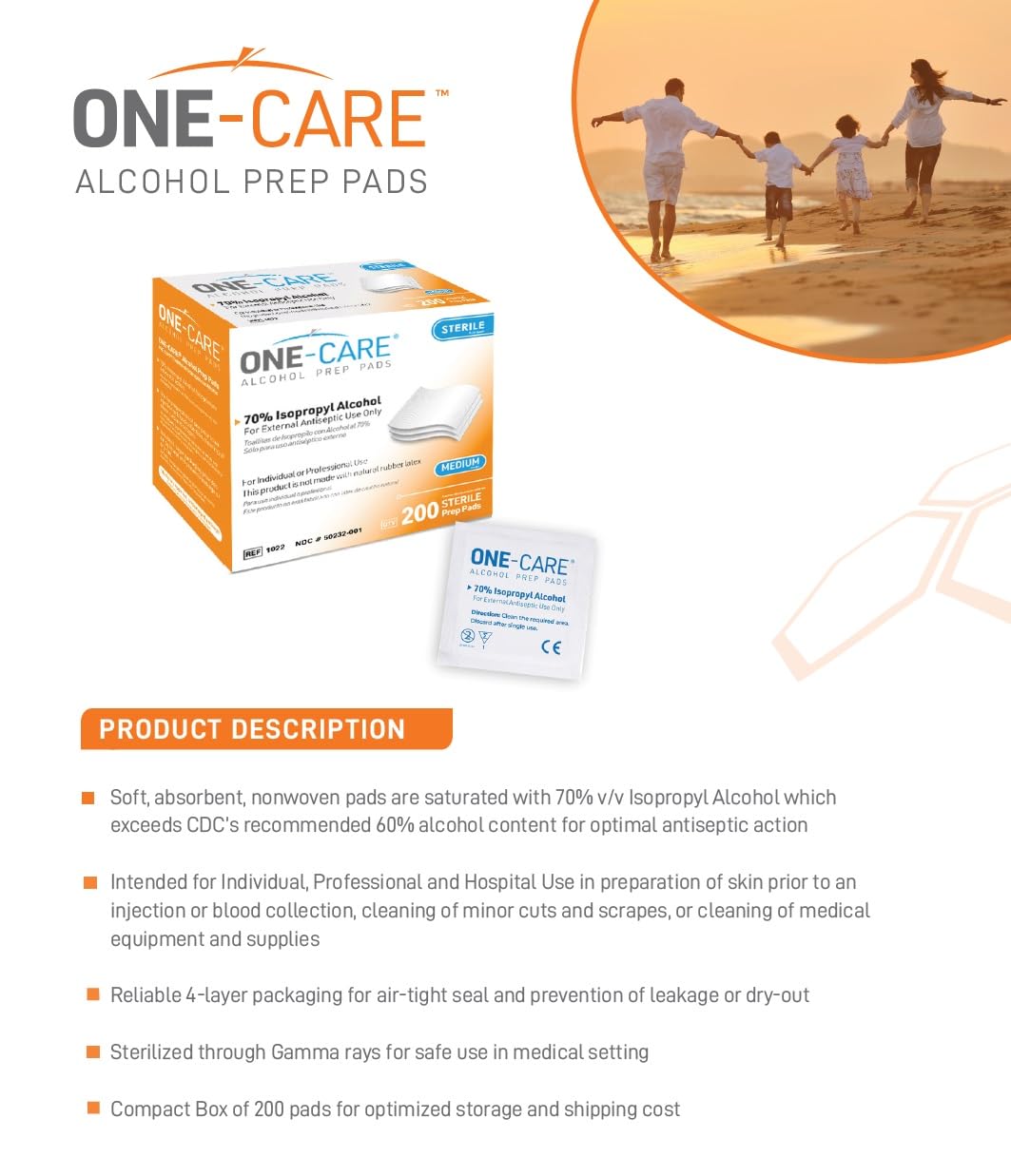 ONE-CARE Prep Pads Medium, Box of 200 wipes, Individually Wrapped, Medium 2-Ply Pads, Sterile, First Aid Kit, Travel