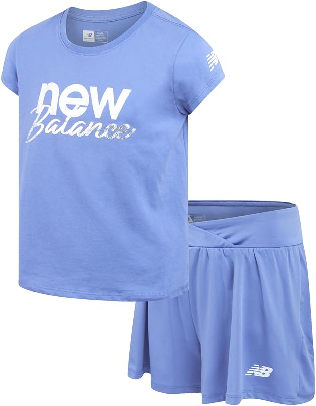 Girls 2-Piece Short Sleeve Shirt & Tennis Scooter Skort Set | Hi-Lo Flowy Drape, Built-In Shorts Coverage, Soft Elastic Waistband, Sporty Confidence for Practice & Playground