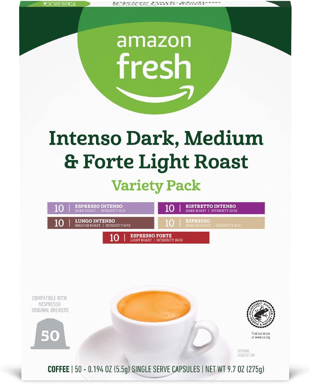 Amazon Fresh Intenso Dark, Medium & Forte Light Roast Aluminum Capsules, Variety Pack, Compatible with Nespresso Original Brewers, 50 Count (5 Packs of 10)