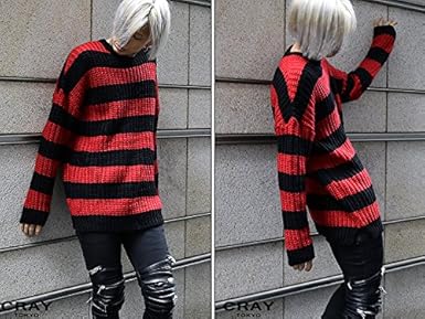 ヴァンプ Vamp 赤黒 ボーダー ドロップショルダー クルーネック ロングニット セーター Free ストリート セーター 通販 Amazon