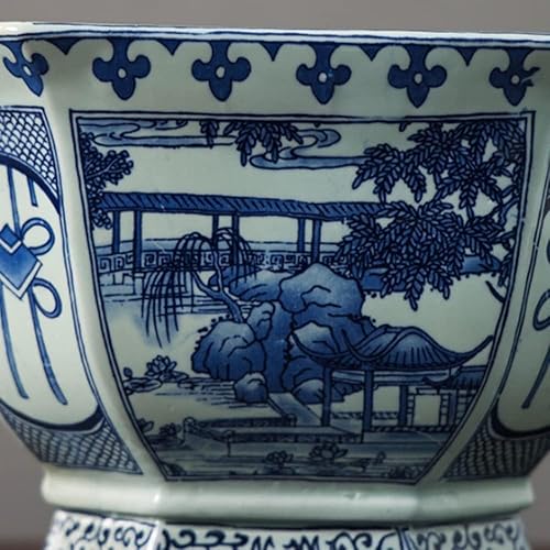 Miniatura 3 de Macetero hexagonal azul y blanco de porcelana Chinoiserie Jingdezhen Jardín para el hogar Jardinera dibujada a mano Patrón de orquídea maceta con